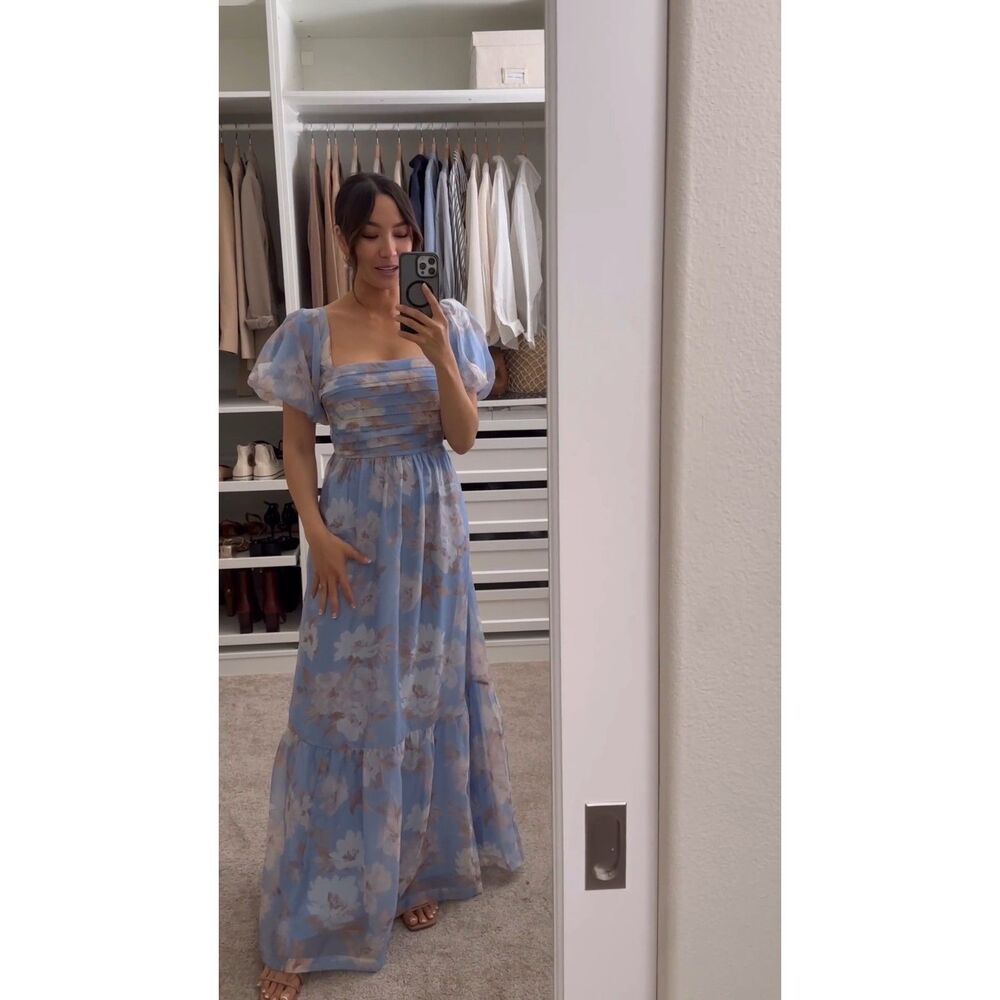 Abercrombie & Fitch Emerson Drama Bow Back Maxi Dress In Blue Floral Size MP